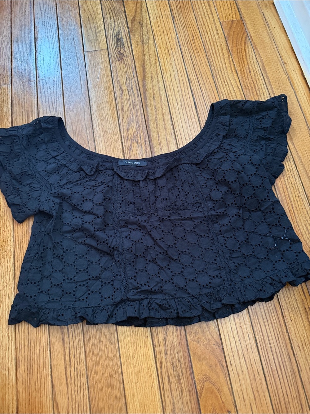 Olivaceous Black Eyelet Ruffle Hem Crop Top